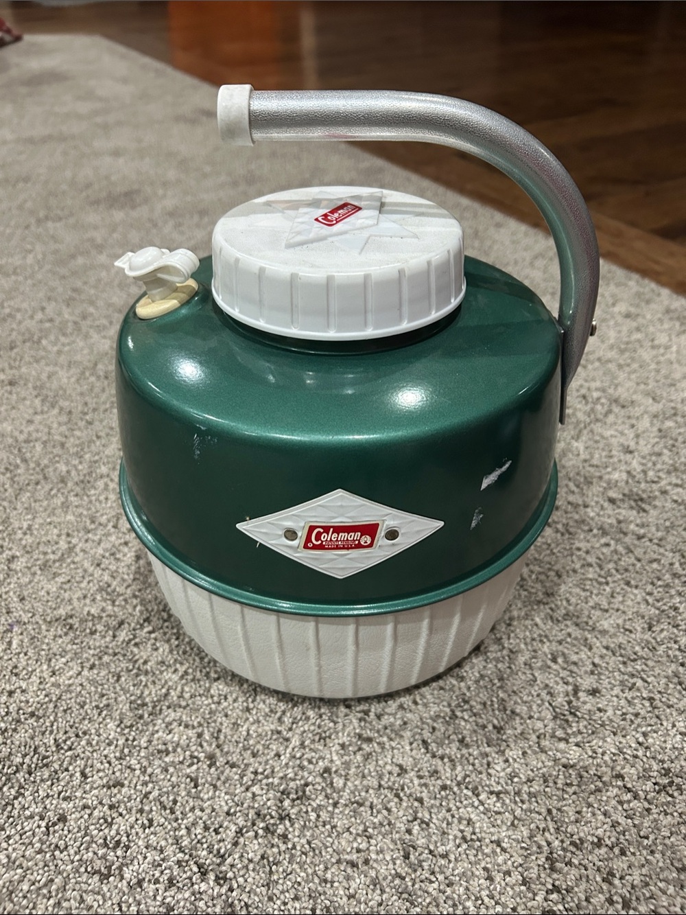 Vintage Coleman Green and White Insulated Water Cooler Jug with Handle (1960s)